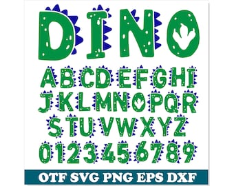 Può includere: Alfabeto e numeri verdi e blu con un design di impronta di dinosauro. Le lettere e i numeri sono contornati di blu e hanno un bordo frastagliato. La parola "DINO" è in cima all'immagine. Le lettere OTF, SVG, PNG, EPS e DXF sono in fondo all'immagine.