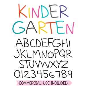 May include: A digital graphic featuring the word KINDERGARTEN in multicolored hand-drawn style letters, followed by the full alphabet from A to Z and numbers 0 through 9 in black, with a pink banner at the bottom stating COMMERCIAL USE INCLUDED!