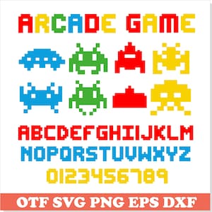 May include: A pixelated design featuring the words "ARCADE GAME" in red, yellow, and green. Below are colorful pixelated alien-like figures and the alphabet in red and blue, along with numbers in yellow. The bottom banner reads "OTF SVG PNG EPS DXF".