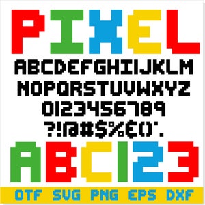 May include: A pixel font alphabet in red, green, blue, and yellow. The letters are in uppercase and include numbers and punctuation marks. The word "PIXEL" is at the top of the image. The words "OTF SVG PNG EPS DXF" are at the bottom of the image.