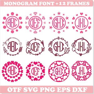 May include: A set of 12 monogram frames in pink and maroon. The frames feature different designs, including hearts, stars, and diamonds. The letters "ABC", "DEF", "GHI", and "JKL" are displayed in a circle within each frame.