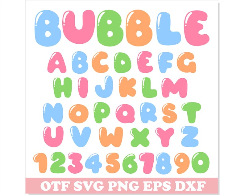 May include: A colorful alphabet and numbers in a bubble font style. The letters are pink, blue, green, and orange. The numbers are green, pink, blue, orange, and green.