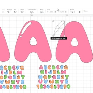 May include: A digital design for a font with bubble-shaped letters in pink, blue, green, and yellow. The letters are arranged in alphabetical order and include numbers 1 through 0. The design is shown on a white grid background.