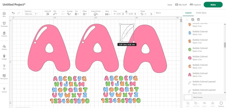 May include: A digital design for a font with bubble-shaped letters in pink, blue, green, and yellow. The letters are arranged in alphabetical order and include numbers 1 through 0. The design is shown on a white grid background.