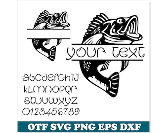 May include: Black and white silhouette of a bass fish with its mouth open. The fish is split in half horizontally with the text "your text" in the middle. The image includes a font alphabet and numbers for customization.