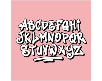 May include: A complete alphabet in a graffiti style, with each letter outlined in black and filled with white. The letters are displayed on a light pink background. A black underline is below the letters.