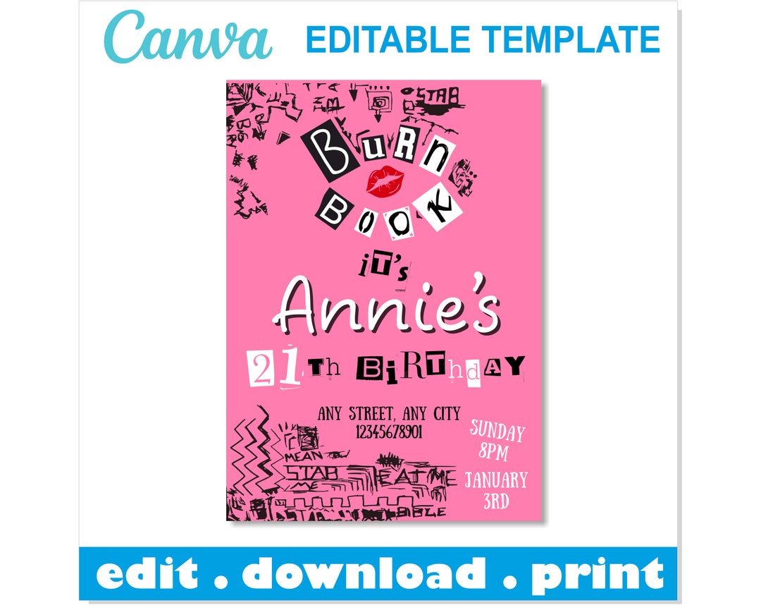 Burn Book Invitation Birthday Editable Canva Template Burn Book Burn Book Invitation Birthday Editable Canva Template Burn Book
