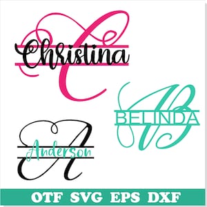 Op de afbeelding: Drie gesplitste monogramontwerpen met de namen "Christina", "Belinda" en "Anderson" in zwarte tekst. Het eerste ontwerp heeft een roze "C" met een swirl. Het tweede ontwerp heeft een turquoise "B" met een swirl. Het derde ontwerp heeft een zwarte "A" met een swirl.