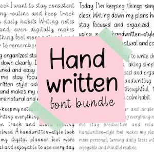 Könnte beinhalten: Ein rosa Quadrat mit den Worten "Hand written font bundle" in schwarzer Schrift. Der Hintergrund ist mit handschriftlichem Text in Schwarz gefüllt, der die Verwendung von Handschriftfonts für Organisation und Planung bewirbt.