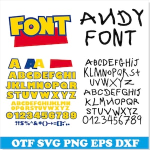May include: A digital graphic design featuring two distinct font styles. One is a bold, yellow font with blue and red accents, and the other is a handwritten black font. The image includes the text "FONT", "ANDY FONT", and the alphabet and numbers.