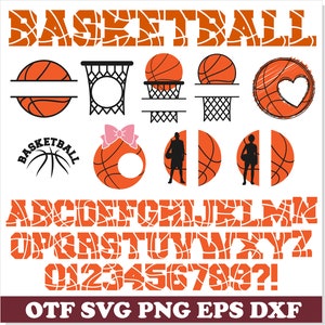 Op de afbeelding: Basketbal-thema alfabet en cijfers met een basketbalpatroon. De letters en cijfers zijn oranje met zwarte contouren. Er zijn ook verschillende basketbalgerelateerde afbeeldingen, waaronder een basketbal met een hart, een basketbalring en een basketbal met een strik.