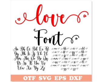 May include: A black and white image of a cursive font called "Love Font". The font is shown in uppercase letters with a heart symbol at the end of each letter. The text "OTF SVG EPS DXF" is at the bottom of the image.