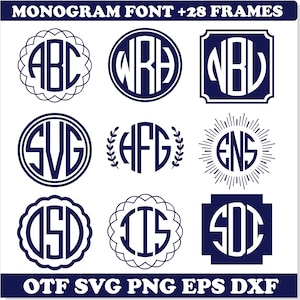 Op de afbeelding: Een verzameling marineblauwe monogramontwerpen in diverse frames, waaronder cirkels, vierkanten en decoratieve randen. De afbeelding toont de tekst "MONOGRAM FONT +28 FRAMES" en bestandstype opties: OTF SVG PNG EPS DXF.