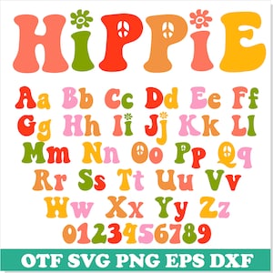 May include: A colorful font set in a retro 1970s style with the word "HIPPIE" at the top, followed by the alphabet in uppercase and lowercase, and the numbers 0-9. The font is in a variety of colors, including orange, yellow, green, pink, and red.