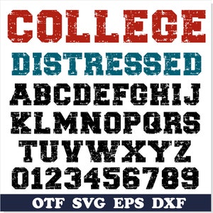 Könnte beinhalten: Verzerrte College-Schriftart Alphabet in Schwarz, Rot und Blau mit dem Wort "COLLEGE" in Rot und Blau und den Worten "OTF SVG EPS DXF" in Blau unten.