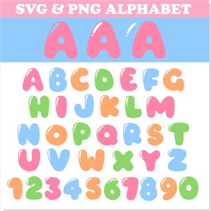 May include: A colorful alphabet and numbers in a bubble font style. The letters are pink, blue, green, orange, and yellow. The numbers are green, pink, blue, orange, and yellow.