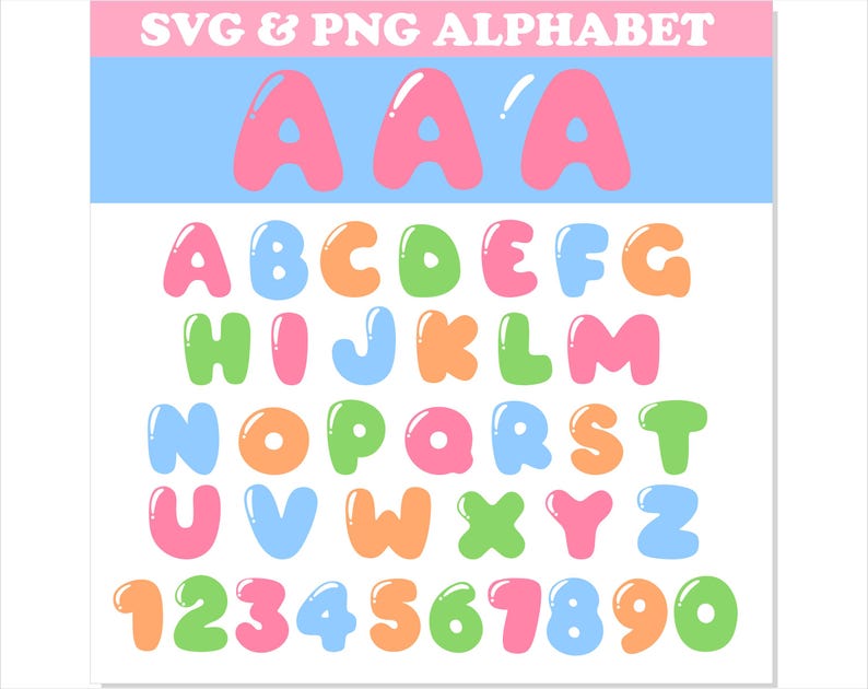May include: A colorful alphabet and numbers in a bubble font style. The letters are pink, blue, green, orange, and yellow. The numbers are green, pink, blue, orange, and yellow.