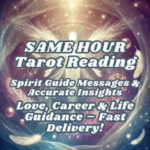 Op de afbeelding: Een kleurrijke, abstracte achtergrond met een witte figuur in het midden. De tekst "SAME HOUR Tarot Reading" staat in grote, vetgedrukte, blauwe letters. De tekst "Spirit Guide Messages & Accurate Insights" staat in kleinere, blauwe letters. De tekst "Love, Career & Life Guidance - Fast Delivery!" staat in kleinere, blauwe letters.