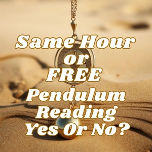 以下が含まれることがあります： 砂浜の背景に、チェーンに付けられた金の振り子と「Same Hour or FREE Pendulum Reading Yes Or No?」というテキストがあります。