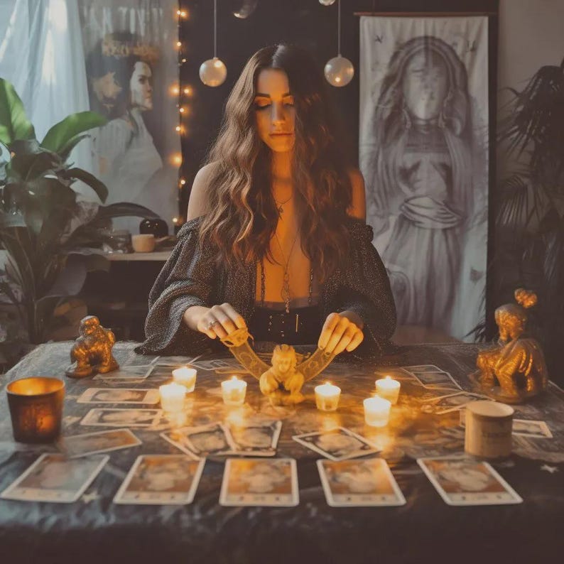 Puede incluir: Una mujer est&aacute; sentada en una mesa con cartas del tarot, velas y una estatua dorada. La escena est&aacute; tenuemente iluminada, creando un ambiente m&iacute;stico. La mujer lleva un top oscuro y joyas. La mesa est&aacute; cubierta con un pa&ntilde;o oscuro.