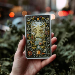 Puede incluir: Una carta de tarot rectangular con una ilustraci&oacute;n detallada de un paisaje con un r&iacute;o, &aacute;rboles y un edificio. La carta tiene un borde decorativo con elementos florales y celestiales. La paleta de colores incluye verdes, marrones y dorados.