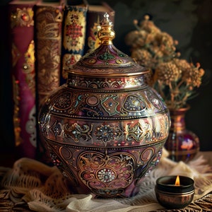 May include: A decorative, ornate, metallic, purple and gold, hand-painted, lidded jar with intricate floral designs. The jar is sitting on a table with a stack of books in the background.