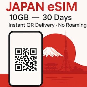以下が含まれることがあります： 「JAPAN eSIM」の広告。テキストは「JAPAN eSIM 10GB - 30 Days Instant QR Delivery - No Roaming」。QRコードが表示されたスマートフォンと、富士山と東京タワーが描かれた赤い背景が特徴です。