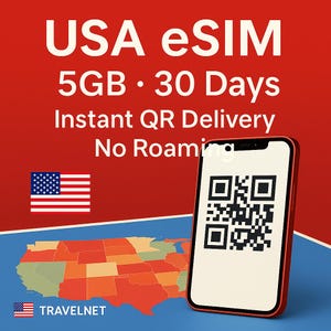 Może przedstawiać: Czerwony smartfon wyświetla kod QR na czerwono-niebieskim tle. Tekst brzmi: "USA eSIM 5GB • 30 dni Natychmiastowa dostawa QR Bez roamingu." Widoczna jest również flaga amerykańska i mapa USA.