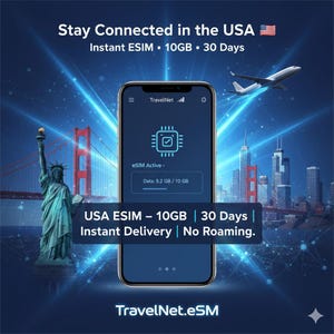 May include: Digital advert for a USA eSIM service. A smartphone displays eSIM details, with the Statue of Liberty, Golden Gate Bridge, and a cityscape in the background. Text includes "Stay Connected in the USA" and "10GB, 30 Days".