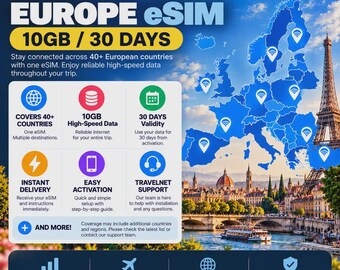 Europeiskt eSIM 10 GB — 30 dagar | Rese-eSIM | Omedelbar leverans