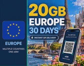 Europeiskt eSIM 20 GB — 30 dagar | Rese-eSIM | Omedelbar leverans