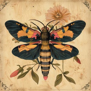 Vintage Moth & Floral Print | Digital Download | Antique Butterfly Illustration | Natural History Art | Entomology Wall Decor