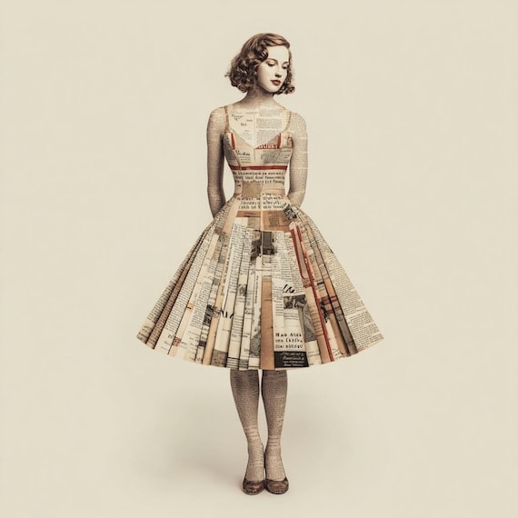 Vintage Collage Fashion Art Print Woman in Newspaper Dress