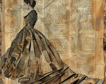 Estampado de vestido con páginas de libros vintage: Arte mural de mujer literaria (Descarga digital)