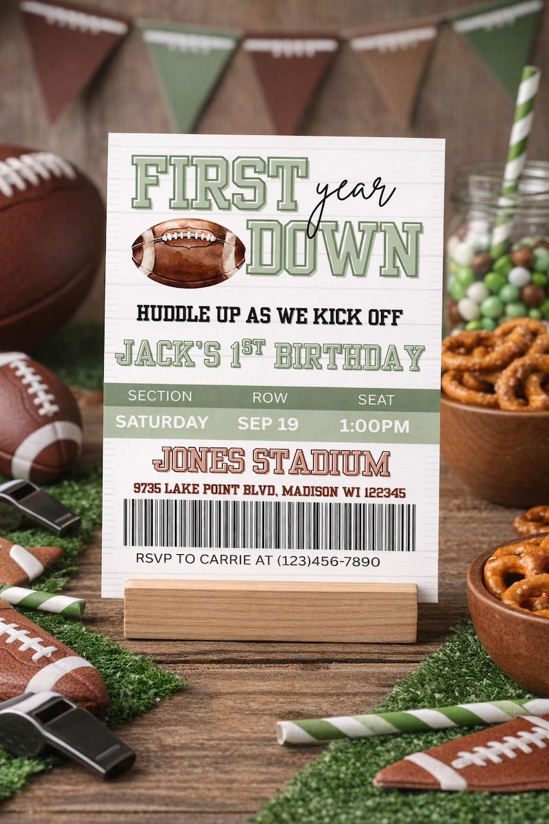 First Year Down Birthday Invitation: Editable Football Themed Party Invite (Digital Download) image 1