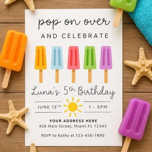 Invito di compleanno a tema ghiacciolo modificabile / Invito di compleanno estivo / Modello stampabile / Modifica e condivisione immediata