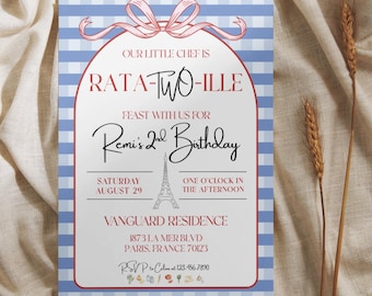 Rata-Two-Ille Birthday Invitation | French Chef 2nd Birthday Party Invite | Girly Paris Coquette Theme