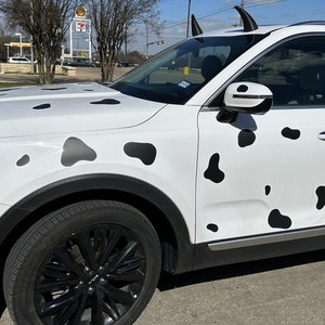 May include: A white SUV with black spots, resembling a cow, with black wheels and black horns on the roof.
