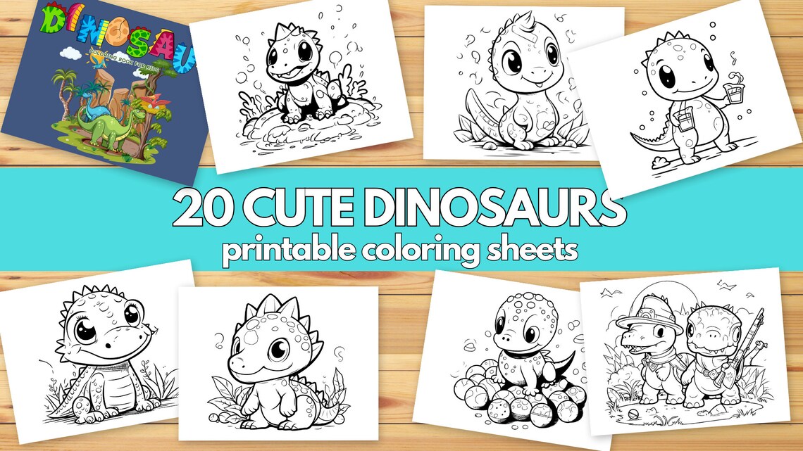 20 Pages Cute Dinosaurs 20 Easy Coloring Pages for Kids, Toddlers ...