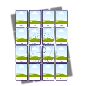 Könnte beinhalten: Ein Satz von 12 druckbaren Karten mit blauem Himmel, weißen Wolken und grünen Hügeln. Jede Karte hat den Text "Text" unten.