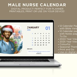May include: A digital calendar featuring a male nurse wearing a blue scrubs uniform and a Santa hat. The calendar is for the year 2025 and includes a quote from Proverbs 16:3. The calendar is available as a printable download or for use on digital devices.
