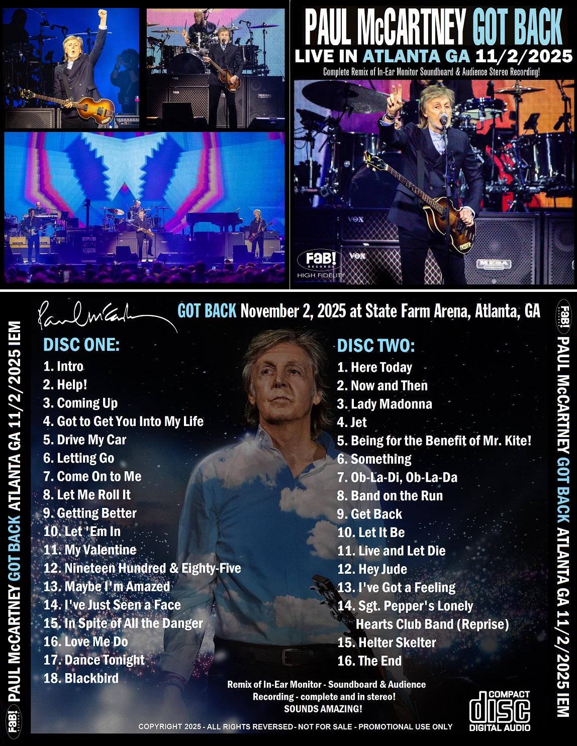 Paul Mccartney Got Back Atlanta GA 11/2/2025 IEM Soundboard 2 CD