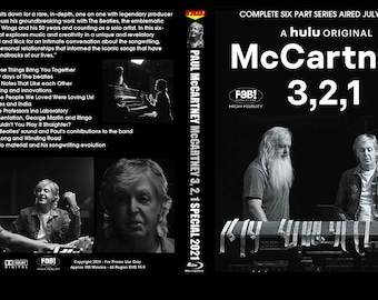 May include: A black and white Blu-ray disc cover for the documentary series "McCartney 3,2,1" featuring Paul McCartney and Rick Rubin. The cover includes the title "McCartney 3,2,1" and the text "A Hulu Original".
