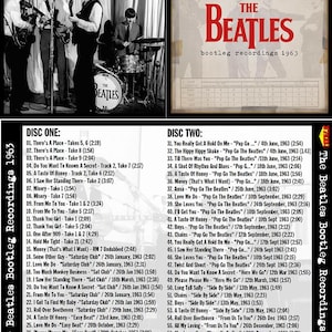 以下が含まれることがあります： ビートルズの白黒写真。アルバム「The Beatles Bootleg Recordings 1963」を収録したCDケース。アルバムのカバーには、1963年に録音されたEMIレコーディングセッションとBBCトラックのトラックリストが含まれており、アップグレードおよびリマスターされています。