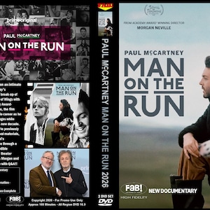 May include: DVD set for the documentary "Paul McCartney: Man on the Run." The cover features the title in large white letters, a photo of Paul McCartney, and a Dalmatian dog. The back includes text and photos.