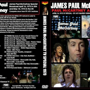 Könnte beinhalten: DVD-Cover für ein 50-jähriges Jubiläumsspecial von James Paul McCartney und Wings. Das Cover zeigt eine Collage von Bildern von Paul McCartney, der live auf der Bühne auftritt. Der Text auf dem Cover lautet "James Paul McCartney und Wings" und "16. April 1973 TV Special - ITV ATV Master Version - 50. Jahrestag".