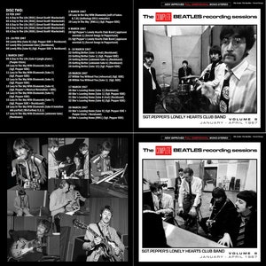 May include: A black and white photograph of the Beatles recording in a studio. The photo is from the album "Sgt. Pepper's Lonely Hearts Club Band" and is labelled "Volume 9, January - April 1967".