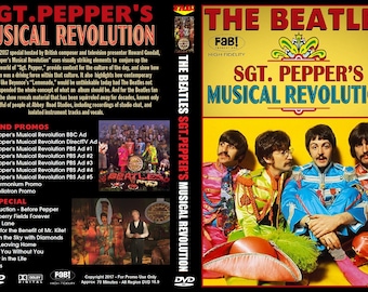 May include: DVD cover art for The Beatles' Sgt. Pepper's Lonely Hearts Club Band album. The cover features a yellow background with the band members in colorful, psychedelic outfits. The title "Sgt. Pepper's Musical Revolution" is printed in blue and red letters.
