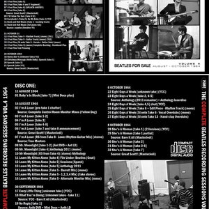 Peut inclure: Une image en noir et blanc de la pochette d'un album de The Beatles, "Beatles for Sale". La pochette de l'album présente une photo des membres du groupe dans un studio d'enregistrement. Le titre de l'album est imprimé en lettres blanches sur fond noir. Le sous-titre de l'album est "Août - Octobre 1964". La pochette de l'album comprend également le texte "The Complete Beatles Recording Sessions Vol. 4 1964".