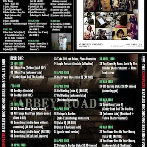 Puede incluir: Caja de CD para "The Complete Beatles Recording Sessions Vol. 15 1969". La portada presenta un collage de imágenes de los Beatles, el título del álbum y las listas de pistas. El disco está etiquetado como "Compact Disc Digital Audio".